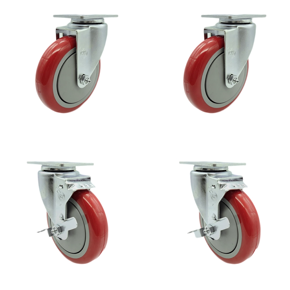 Stainless Steel Polyurethane Swivel Top Plate Caster Set of 4 w/5" x 1.25" Red Wheels - Includes 2 Swivel with Top Locking Brakes & 2 Swivel - 1400 lbs Total Capacity - Service Caster Brand — photo 1
