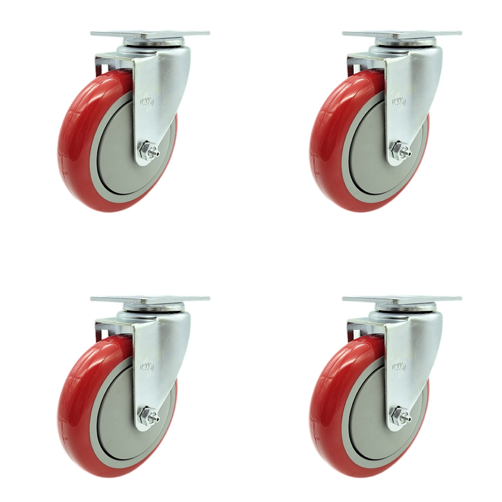 Stainless Steel Polyurethane Swivel Top Plate Caster Set of 4 w/5" x 1.25" Red Wheels - Includes 4 Swivel - 1400 lbs Total Capacity - Service Caster Brand — photo 1