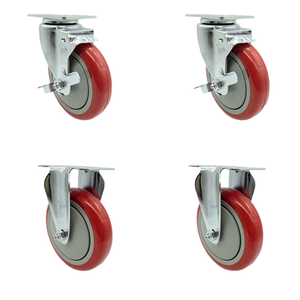 Stainless Steel Polyurethane Swivel Top Plate Caster Set of 4 w/5" x 1.25" Red Wheels - Includes 2 Swivel with Top Locking Brakes & 2 Rigid - 1400 lbs Total Capacity - Service Caster Brand — photo 1