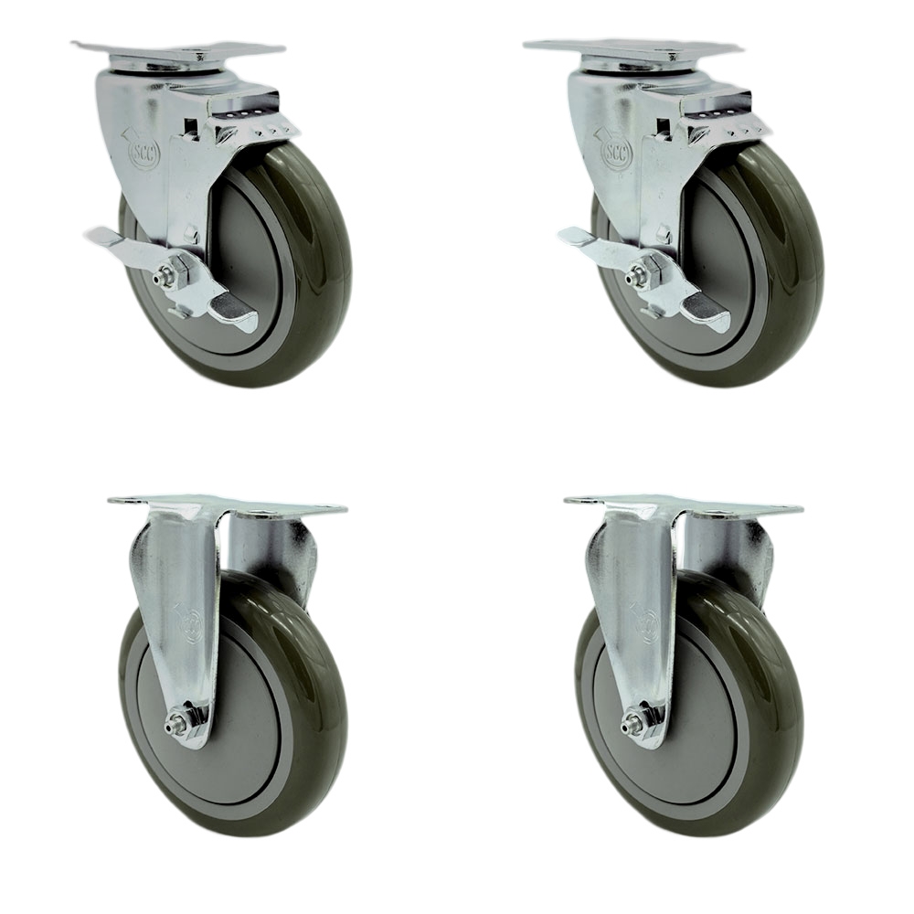 Stainless Steel Polyurethane Swivel Top Plate Caster Set of 4 w/5" x 1.25" Gray Wheels - Includes 2 Swivel with Top Locking Brakes & 2 Rigid - 1400 lbs Total Capacity - Service Caster Brand — photo 1