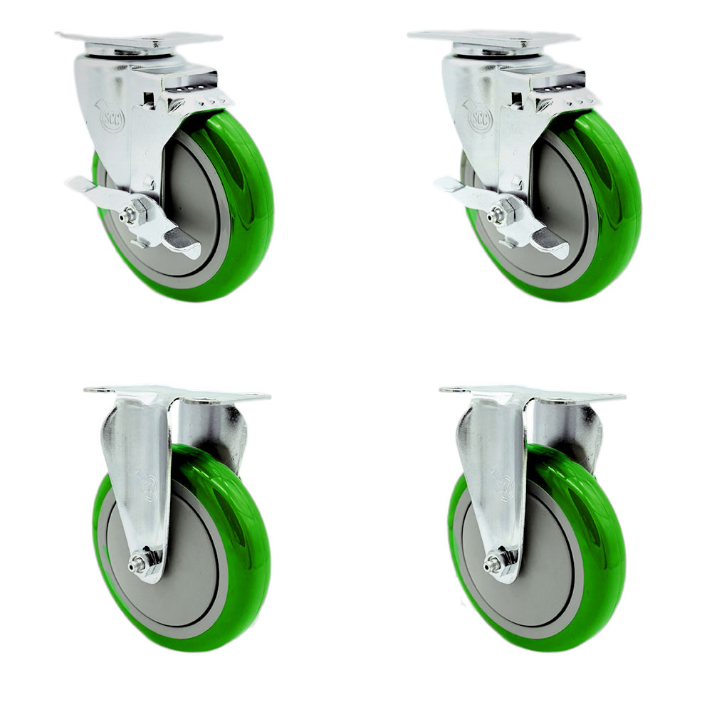 Stainless Steel Polyurethane Swivel Top Plate Caster Set of 4 w/5" x 1.25" Green Wheels - Includes 2 Swivel with Top Locking Brakes & 2 Rigid - 1400 lbs Total Capacity - Service Caster Brand — photo 1