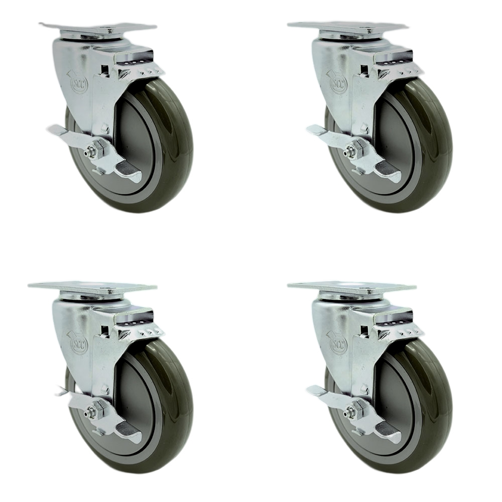 Stainless Steel Polyurethane Swivel Top Plate Caster Set of 4 w/5" x 1.25" Gray Wheels - Includes 4 Swivel with Top Lock Brakes - 1400 lbs Total Capacity - Service Caster Brand — photo 1