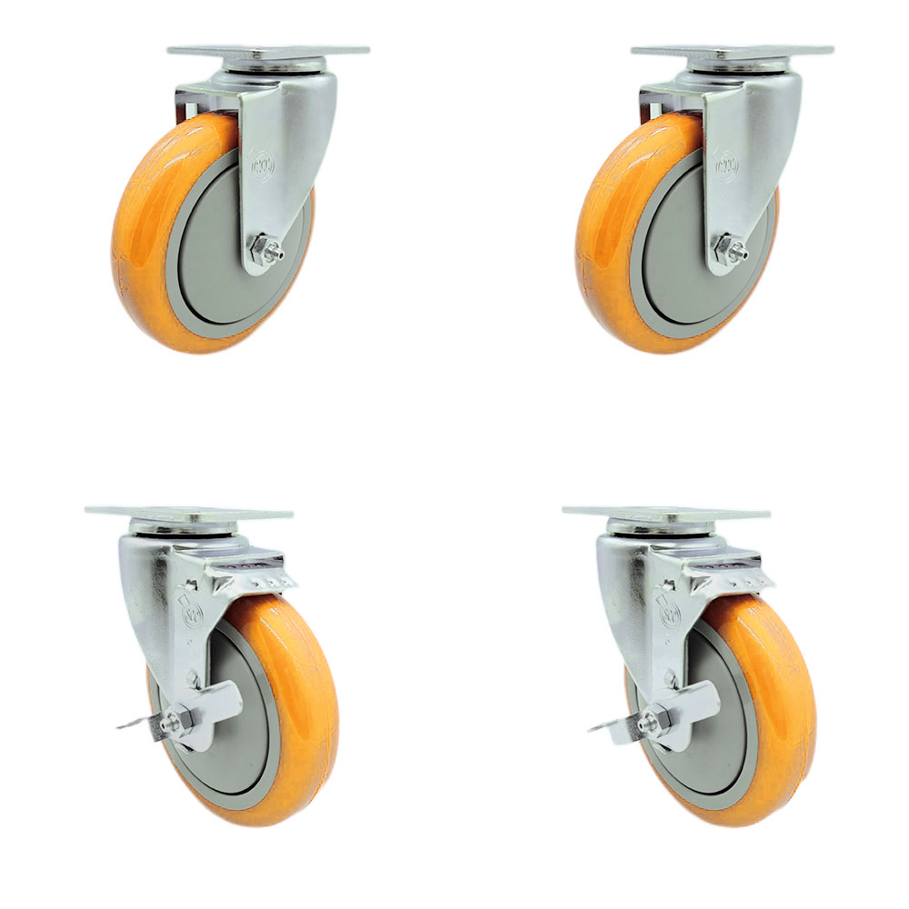 Stainless Steel Polyurethane Swivel Top Plate Caster Set of 4 w/5" x 1.25" Yellow Wheels - Includes 2 Swivel with Top Locking Brakes & 2 Swivel - 1400 lbs Total Capacity - Service Caster Brand — photo 1