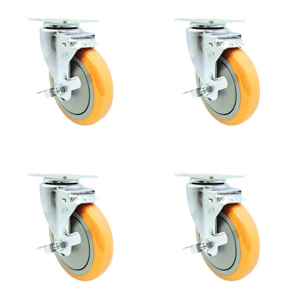 Stainless Steel Polyurethane Swivel Top Plate Caster Set of 4 w/5" x 1.25" Yellow Wheels - Includes 4 Swivel with Top Lock Brakes - 1400 lbs Total Capacity - Service Caster Brand — photo 1