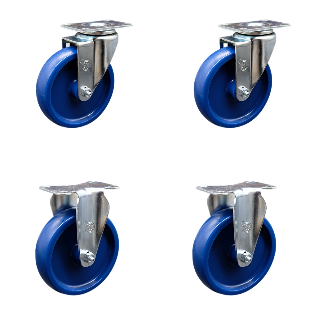 Stainless Steel Solid Polyurethane Swivel Top Plate Caster Set of 4 w/5" x 1.25" Blue Wheels - Includes 2 Swivel & 2 Rigid - 1200 lbs Total Capacity - Service Caster Brand — photo 1