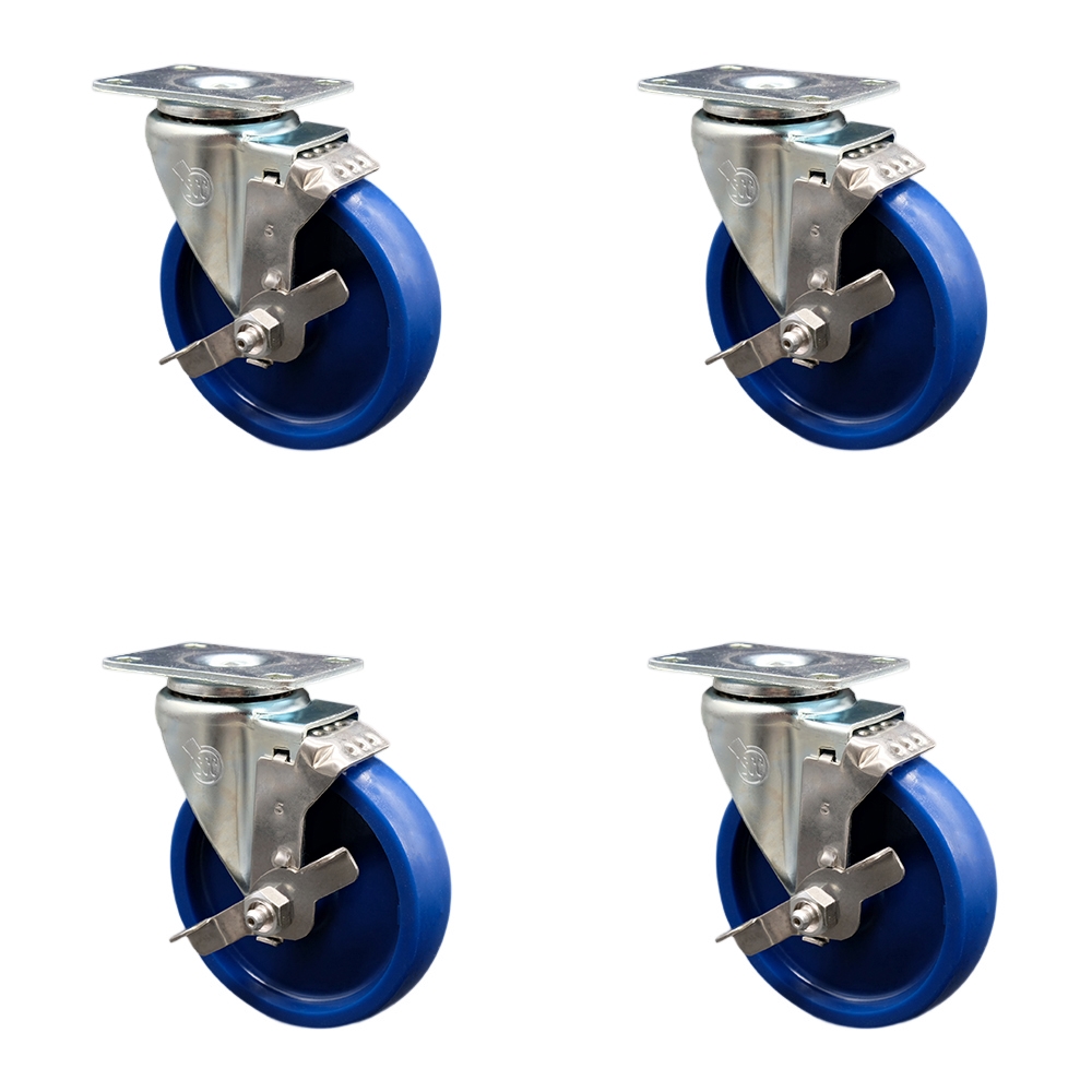 Stainless Steel Solid Polyurethane Swivel Top Plate Caster Set of 4 w/5" x 1.25" Blue Wheels - Includes 4 Swivel with Top Lock Brakes - 1200 lbs Total Capacity - Service Caster Brand — photo 1