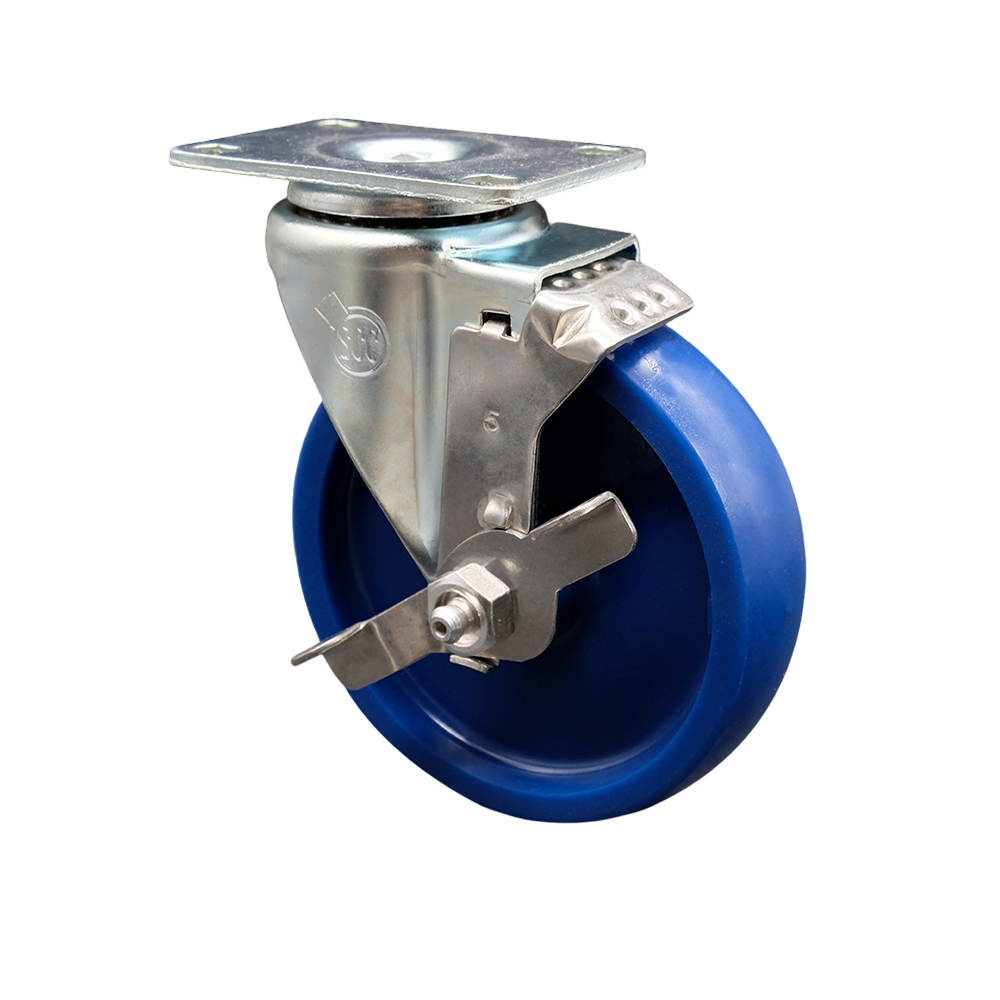 Stainless Steel Solid Polyurethane Swivel Top Plate Swivel Caster w/5" x 1.25" Blue Wheel & Top Locking Brake - 300 lbs Capacity/Caster - Service Caster Brand — photo 1