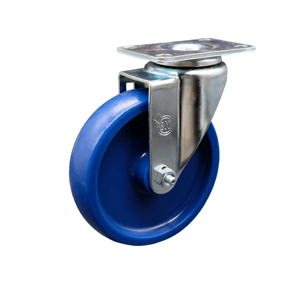 Stainless Steel Solid Polyurethane Swivel Top Plate Swivel Caster w/5" x 1.25" Blue Wheel - 300 lbs Capacity/Caster - Service Caster Brand — photo 1