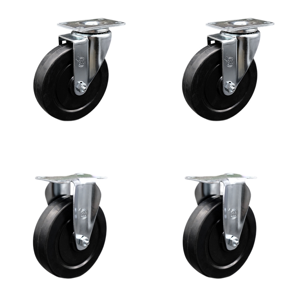 Stainless Steel Soft Rubber Swivel Top Plate Caster Set of 4 w/5" x 1.25" Black Wheels - Includes 2 Swivel & 2 Rigid - 1100 lbs Total Capacity - Service Caster Brand — photo 1