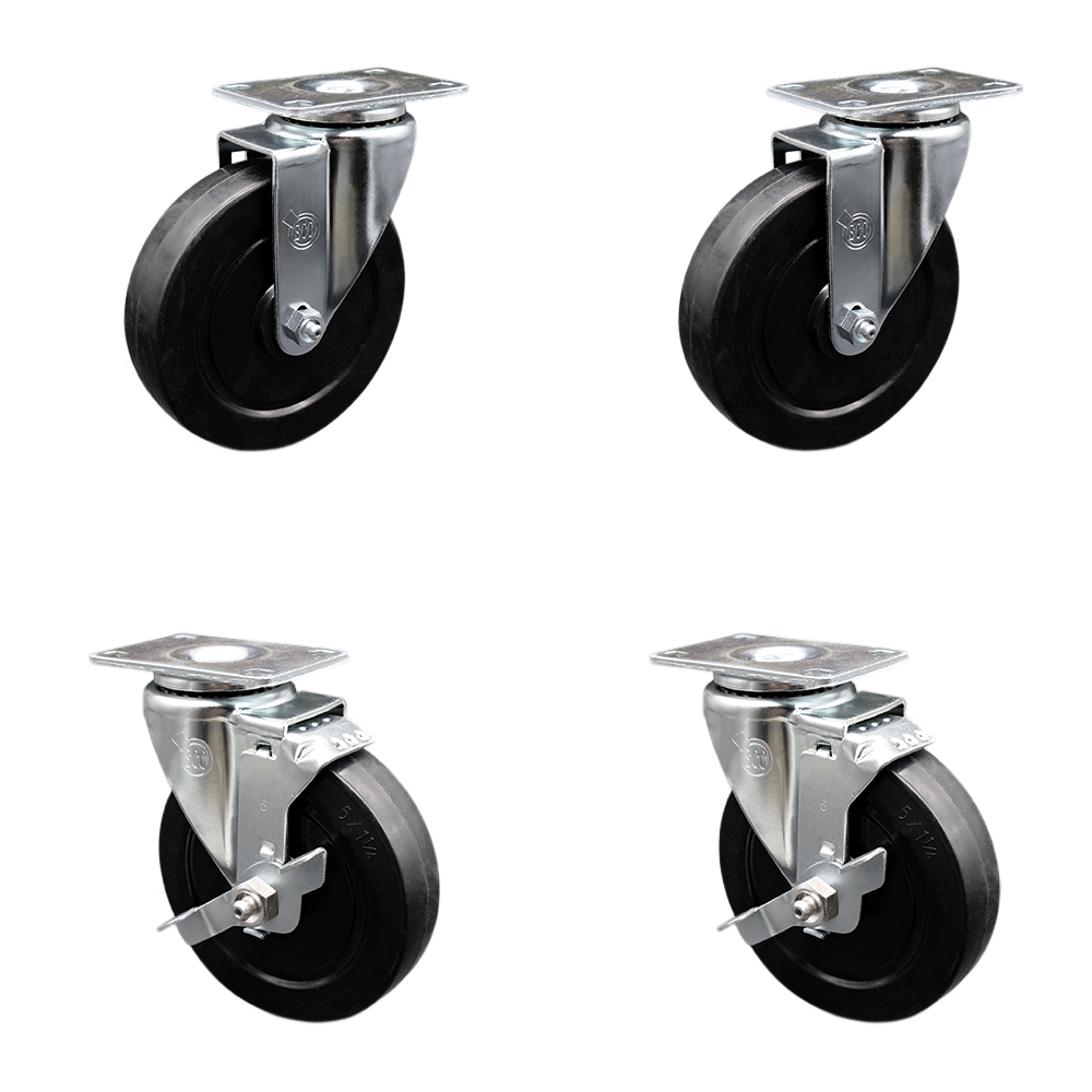 Stainless Steel Soft Rubber Swivel Top Plate Caster Set of 4 w/5" x 1.25" Black Wheels - Includes 2 Swivel with Top Locking Brakes & 2 Swivel - 1100 lbs Total Capacity - Service Caster Brand — photo 1