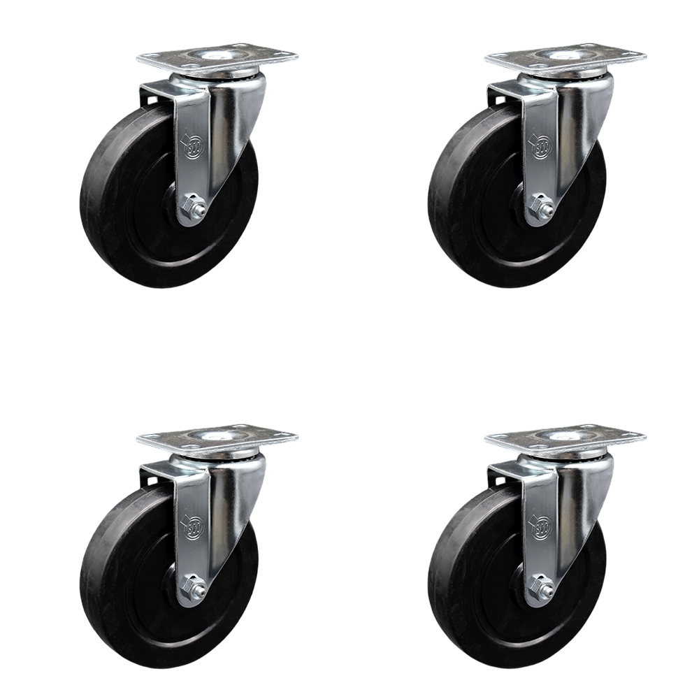 Stainless Steel Soft Rubber Swivel Top Plate Caster Set of 4 w/5" x 1.25" Black Wheels - Includes 4 Swivel - 1100 lbs Total Capacity - Service Caster Brand — photo 1