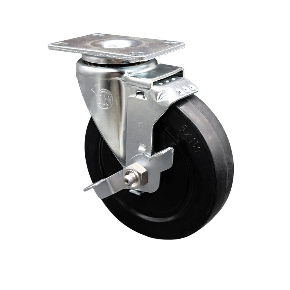 Stainless Steel Soft Rubber Swivel Top Plate Swivel Caster w/5" x 1.25" Black Wheel & Top Locking Brake - 275 lbs Capacity/Caster - Service Caster Brand — photo 1