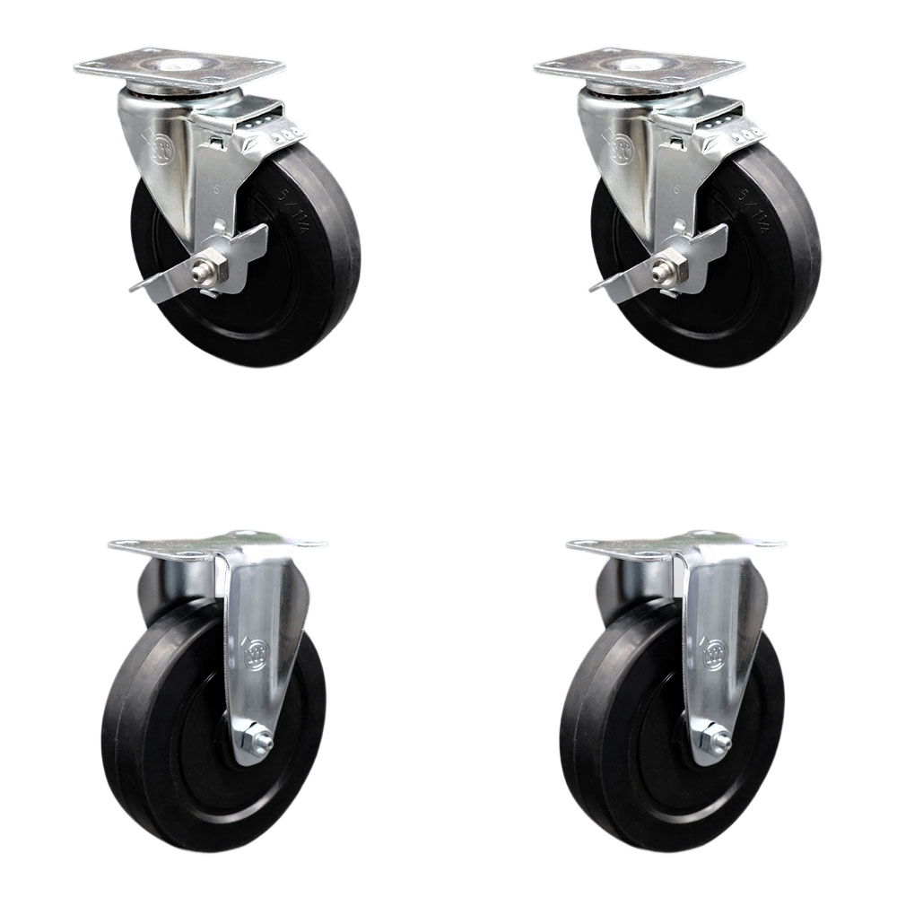 Stainless Steel Soft Rubber Swivel Top Plate Caster Set of 4 w/5" x 1.25" Black Wheels - Includes 2 Swivel with Top Locking Brakes & 2 Rigid - 1100 lbs Total Capacity - Service Caster Brand — photo 1