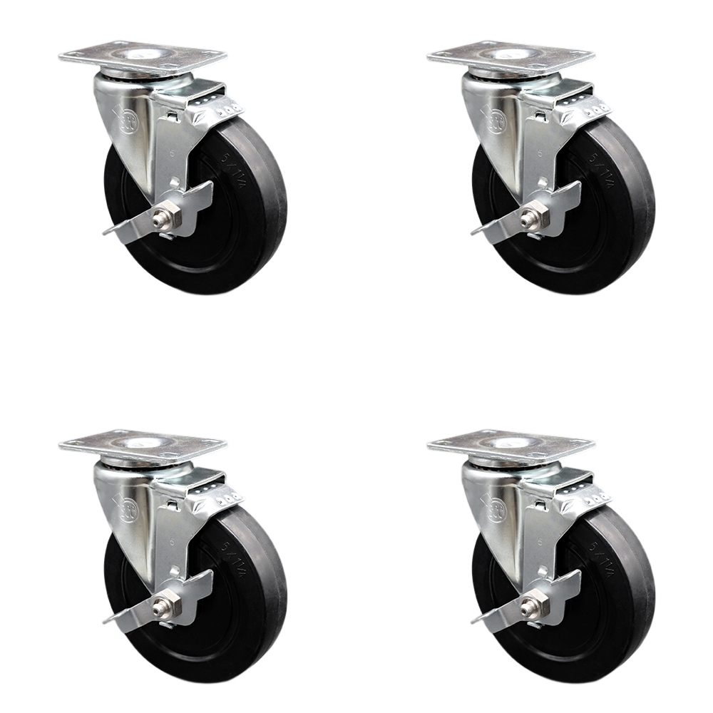 Stainless Steel Soft Rubber Swivel Top Plate Caster Set of 4 w/5" x 1.25" Black Wheels - Includes 4 Swivel with Top Lock Brakes - 1100 lbs Total Capacity - Service Caster Brand — photo 1