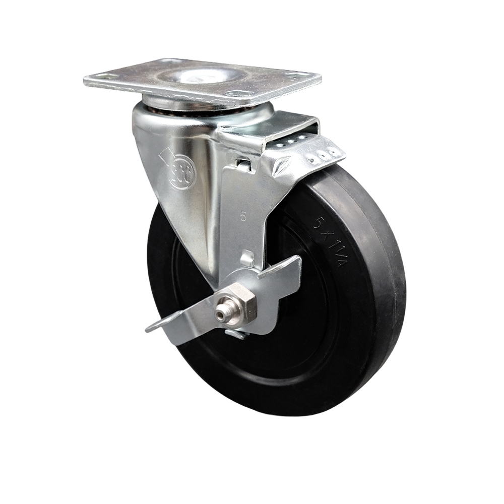 Stainless Steel Soft Rubber Swivel Bolt Hole Caster w/5" x 1.25" Black Wheel & Top Locking Brake - 275 lbs Capacity/Caster - Service Caster Brand — photo 1