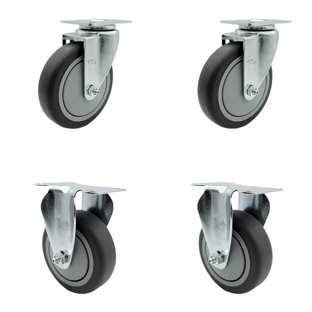 Stainless Steel Thermoplastic Rubber Swivel Top Plate Caster Set of 4 - 5" x 1.25" Gray Wheels - Includes 2 Swivel & 2 Rigid - 1,200 lbs Total Capacity - Service Caster Brand — photo 1