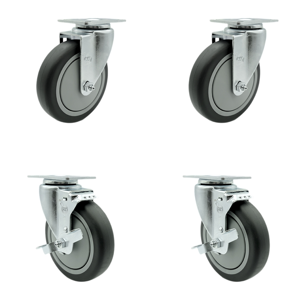 Stainless Steel Thermoplastic Rubber Swivel Top Plate Caster Set of 4 - 5" x 1.25" Gray Wheels - Includes 2 Swivel with Top Locking Brakes & 2 Swivel - 1,200 lbs Total Capacity - Service Caster Brand — photo 1