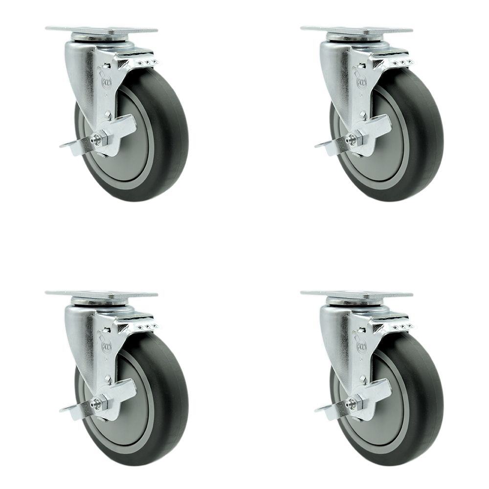 Stainless Steel Thermoplastic Rubber Swivel Top Plate Caster Set of 4 w/5" x 1.25" Gray Wheels - Includes 4 Swivel with Top Lock Brakes - 1200 lbs Total Capacity - Service Caster Brand — photo 1