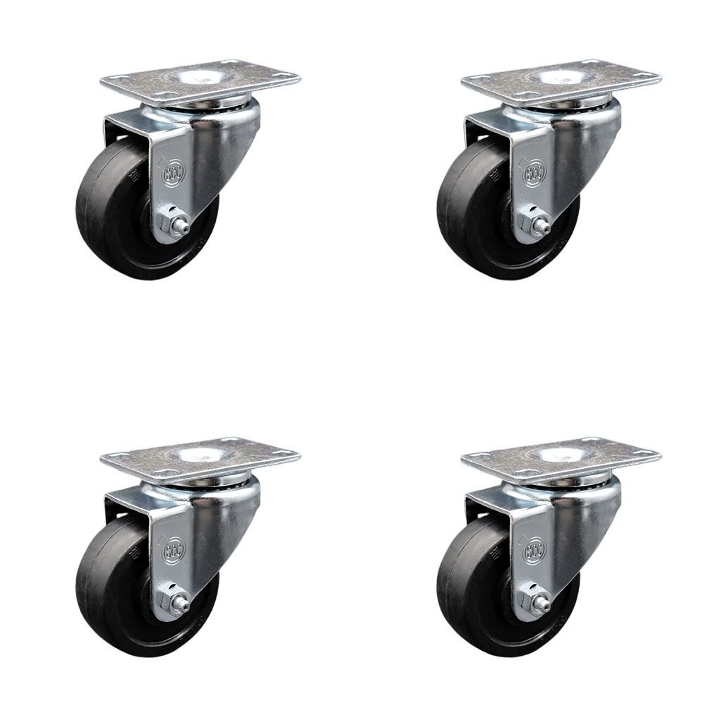 Stainless Steel Soft Rubber Swivel Top Plate Caster Set of 4 w/3.5" x 1.25" Black Wheels - Includes 4 Swivel - 800 lbs Total Capacity - Service Caster Brand — photo 1