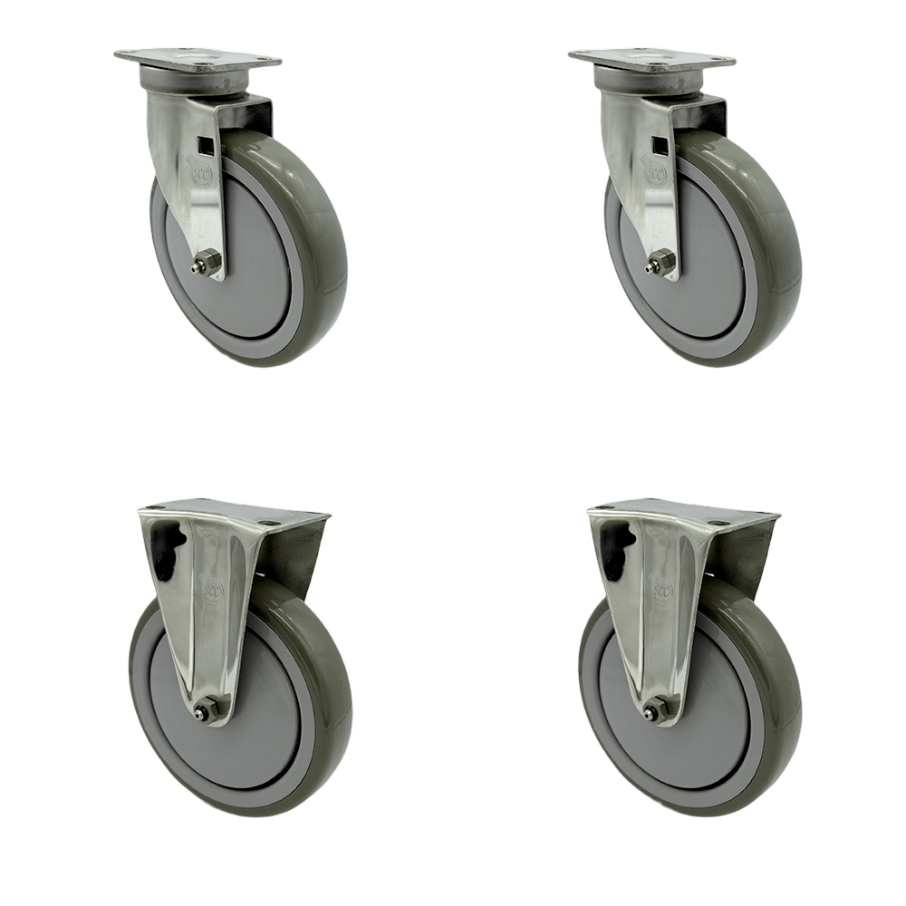 Stainless Steel Polyurethane Swivel Top Plate Caster Set of 4 w/6" x 1.26" Gray Wheels - Includes 2 Swivel & 2 Rigid - 1400 lbs Total Capacity - Service Caster Brand — photo 1