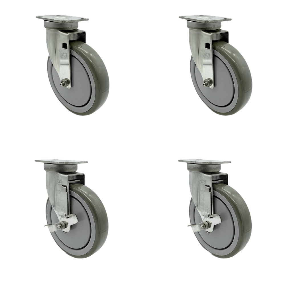 Stainless Steel Polyurethane Swivel Top Plate Caster Set of 4 w/6" x 1.26" Gray Wheels - Includes 2 Swivel with Top Locking Brakes & 2 Swivel - 1400 lbs Total Capacity - Service Caster Brand — photo 1