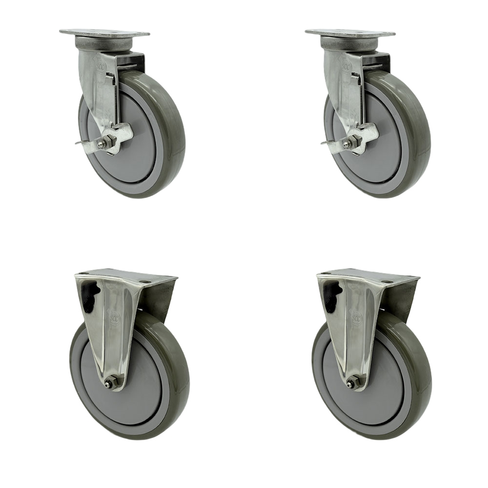 Stainless Steel Polyurethane Swivel Top Plate Caster Set of 4 w/6" x 1.26" Gray Wheels - Includes 2 Swivel with Top Locking Brakes & 2 Rigid - 1400 lbs Total Capacity - Service Caster Brand — photo 1