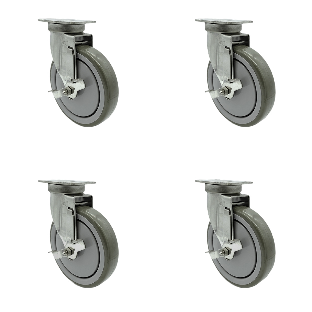 Stainless Steel Polyurethane Swivel Top Plate Caster Set of 4 w/6" x 1.26" Gray Wheels - Includes 4 Swivel with Top Lock Brakes - 1400 lbs Total Capacity - Service Caster Brand — photo 1