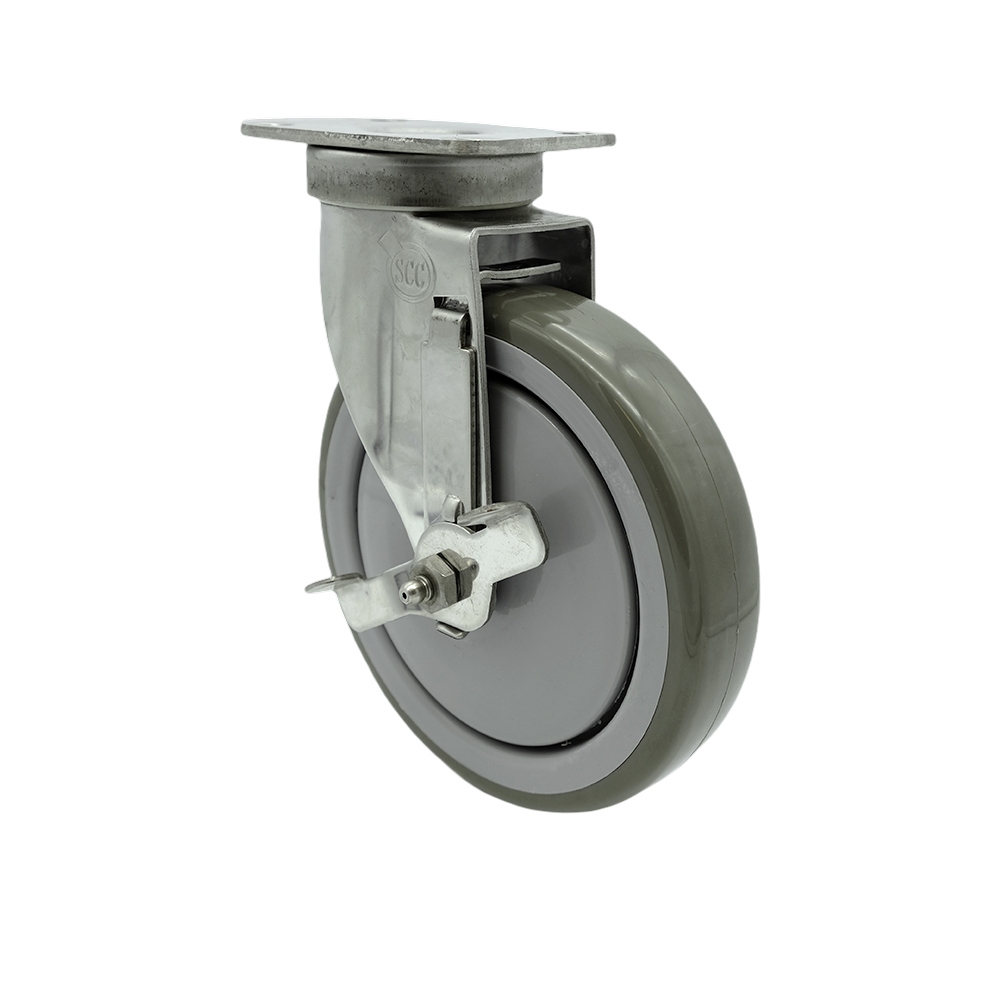 Stainless Steel Polyurethane Swivel Top Plate Swivel Caster w/6" x 1.26" Gray Wheel & Top Locking Brake - 350 lbs Capacity/Caster - Service Caster Brand — photo 1