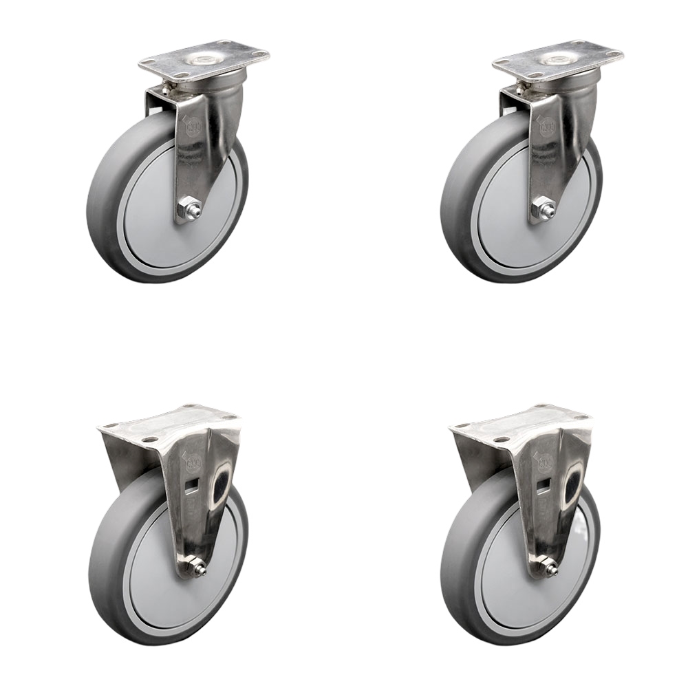 Stainless Steel Thermoplastic Rubber Swivel Top Plate Caster Set of 4 - 6" X 1.25" Gray Wheels - Includes 2 Swivel & 2 Rigid - 1,200 lbs Total Capacity - Service Caster Brand — photo 1