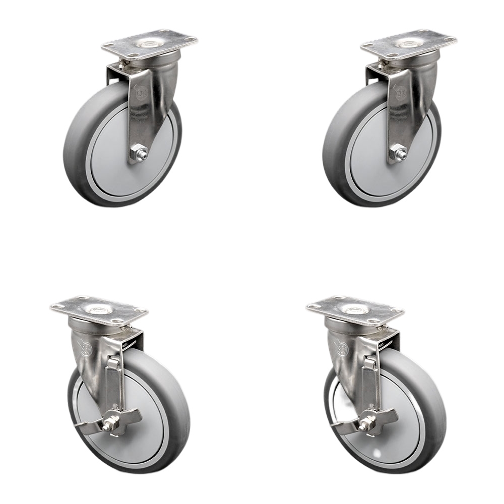 Stainless Steel Thermoplastic Rubber Swivel Top Plate Caster Set of 4 - 6" X 1.25" Gray Wheels - Includes 2 Swivel with Side Locking Brakes & 2 Swivel - 1,200lbs Total Capacity - Service Caster Brand — photo 1