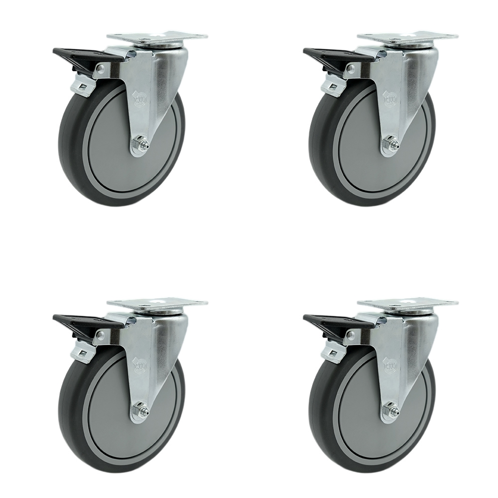 Stainless Steel Thermoplastic Rubber Swivel Top Plate Caster Set of 4 w/6" x 1.25" Gray Wheels - Includes 4 Swivel with Top Lock Brakes - 1200 lbs Total Capacity - Service Caster Brand — photo 1