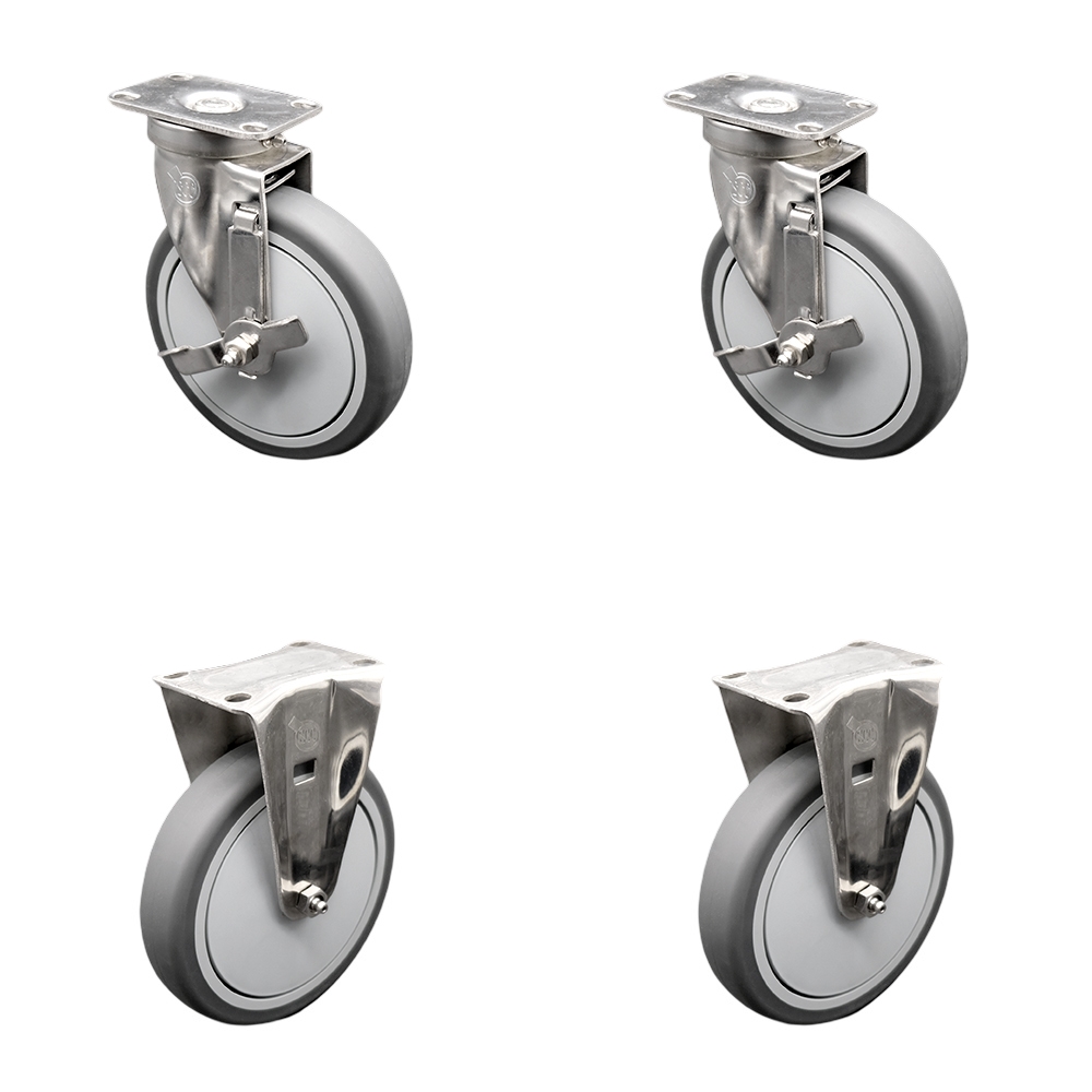 Stainless Steel Thermoplastic Rubber Swivel Top Plate Caster Set of 4 - 6" X 1.25" Gray Wheels - Includes 2 Swivel with Side Locking Brakes & 2 Rigid - 1,200 lbs Total Capacity - Service Caster Brand — photo 1