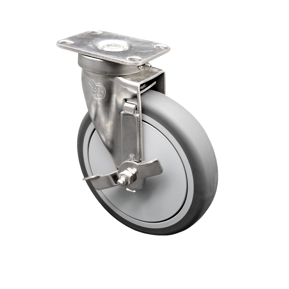 Stainless Steel Thermoplastic Rubber Swivel Top Plate Swivel Caster - 6" X 1.25" Gray Wheel & Side Locking Brake - 300 lbs Capacity/Caster - Service Caster Brand — photo 1