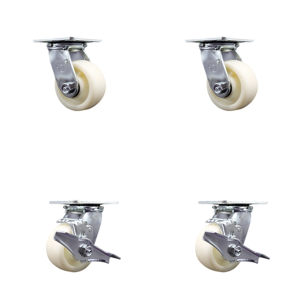 Stainless Steel Heavy Duty Swivel Caster Set of 4 with 4 Inch Nylon Wheels and Delrin Bearings - Includes 2 Swivel with Brakes and 2 Swivel - 3,200 lbs. Total Capacity - Service Caster Brand — photo 1