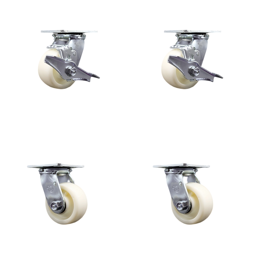 Stainless Steel Heavy Duty Swivel Caster Set 4 with 4 Inch Poly Wheel and Ball Bearing-Includes 2 Swivel with Brake and Bolt on Swivel Lock and 2 Swivel with Bolt on Swivel Lock - Service Caster Brand — photo 1