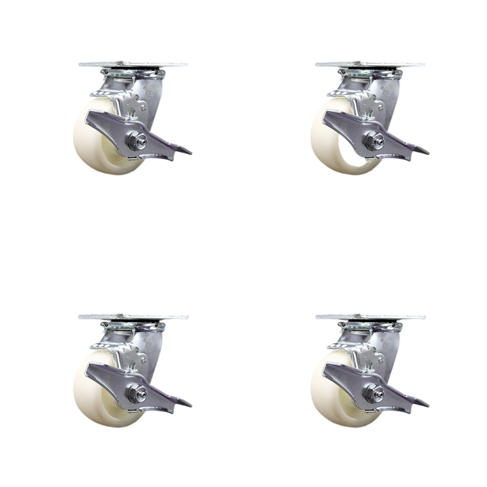 Stainless Steel Heavy Duty Swivel Caster Set of 4 with 4 Inch Nylon Wheels and Ball Bearings - Includes 2 Swivel with Brakes and Bolt on Swivel Locks and 2 Swivel with Brakes - Service Caster Brand — photo 1
