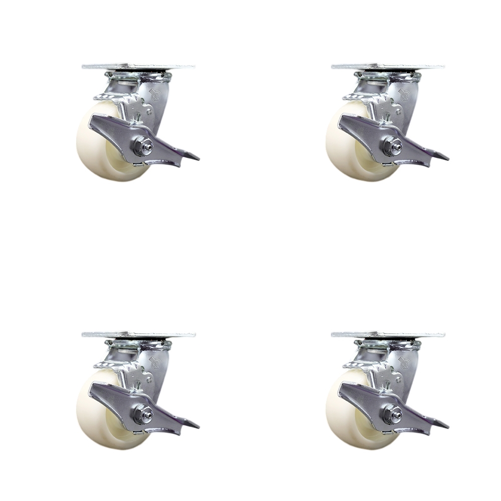 Stainless Steel Heavy Duty Swivel Caster Set of 4 with 4 Inch Nylon Wheels and Delrin Bearings - Includes 4 Swivel with Top Lock Brakes and Bolt on Swivel Locks - Service Caster Brand — photo 1