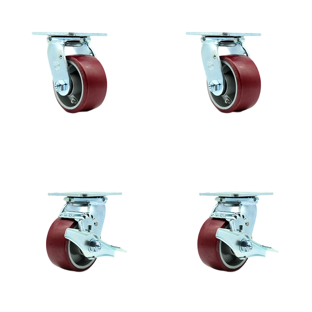 Stainless Steel Heavy Duty Swivel Caster Set with 4 Inch Polyurethane on Aluminum Wheels and Delrin Bearings-Includes 2 Swivel with Bolt on Swivel Locks and 2 Swivel with Brakes - Service Caster Brand — photo 1
