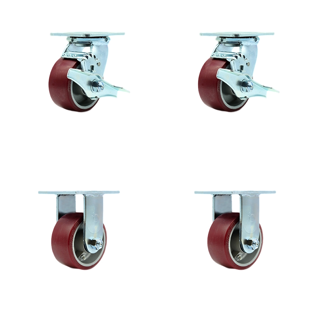Stainless Steel Polyurethane on Aluminum Swivel Top Plate Casters Set of 4 Heavy Duty with 4 Inch Wheels - Includes 2 Swivel with Brakes and 2 Rigid – 2,800 lbs. Total Capacity - Service Caster Brand — photo 1