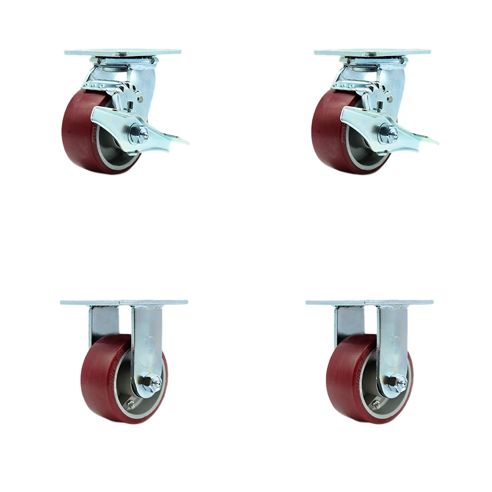 Stainless Steel Polyurethane on Aluminum Swivel Top Plate Casters Set of 4 Heavy Duty with 4 Inch Wheels - Includes 2 Swivel with Brakes and Bolt on Swivel Locks and 2 Rigid - Service Caster Brand — photo 1