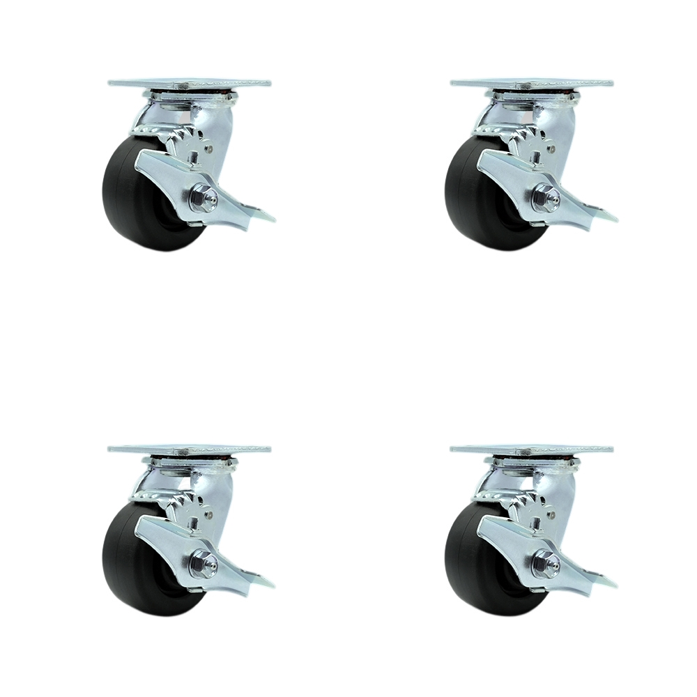 Stainless Steel Polyolefin Swivel Top Plate Casters Set of 4 Heavy Duty with 4 Inch Wheels - Includes 2 Swivel with Brakes and Bolt on Swivel Locks and 2 Swivel with Brakes - Service Caster Brand — photo 1