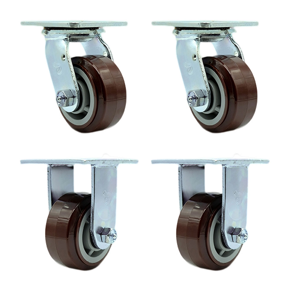 Stainless Steel Heavy Duty Swivel Caster Set of 4 with 4 Inch Polyurethane Wheels and Ball Bearings - Includes 2 Swivel and 2 Rigid - 2,400 lbs. Total Capacity - Service Caster Brand — photo 1