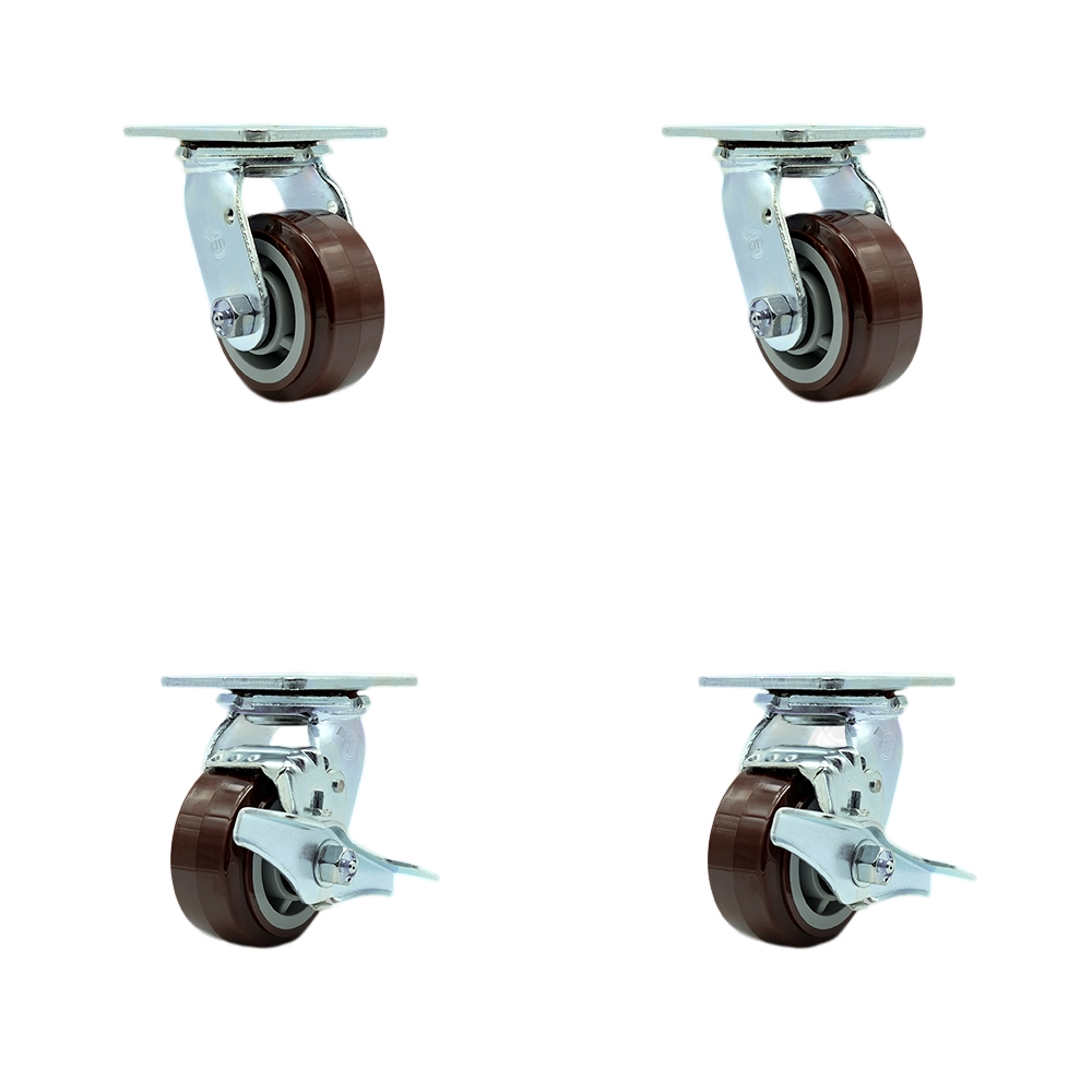 Stainless Steel Polyurethane Swivel Top Plate Casters Set of 4 Heavy Duty with 4 Inch Wheels - Includes 2 Swivel with Brakes and 2 Swivel – 2,400 lbs. Total Capacity - Service Caster Brand — photo 1