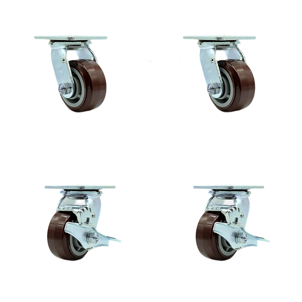 Stainless Steel Heavy Duty Swivel Caster Set with 4 Inch Polyurethane Wheels and Delrin Bearings - Includes 2 Swivel with Bolt on Swivel Locks and 2 Swivel with Brakes - Service Caster Brand — photo 1