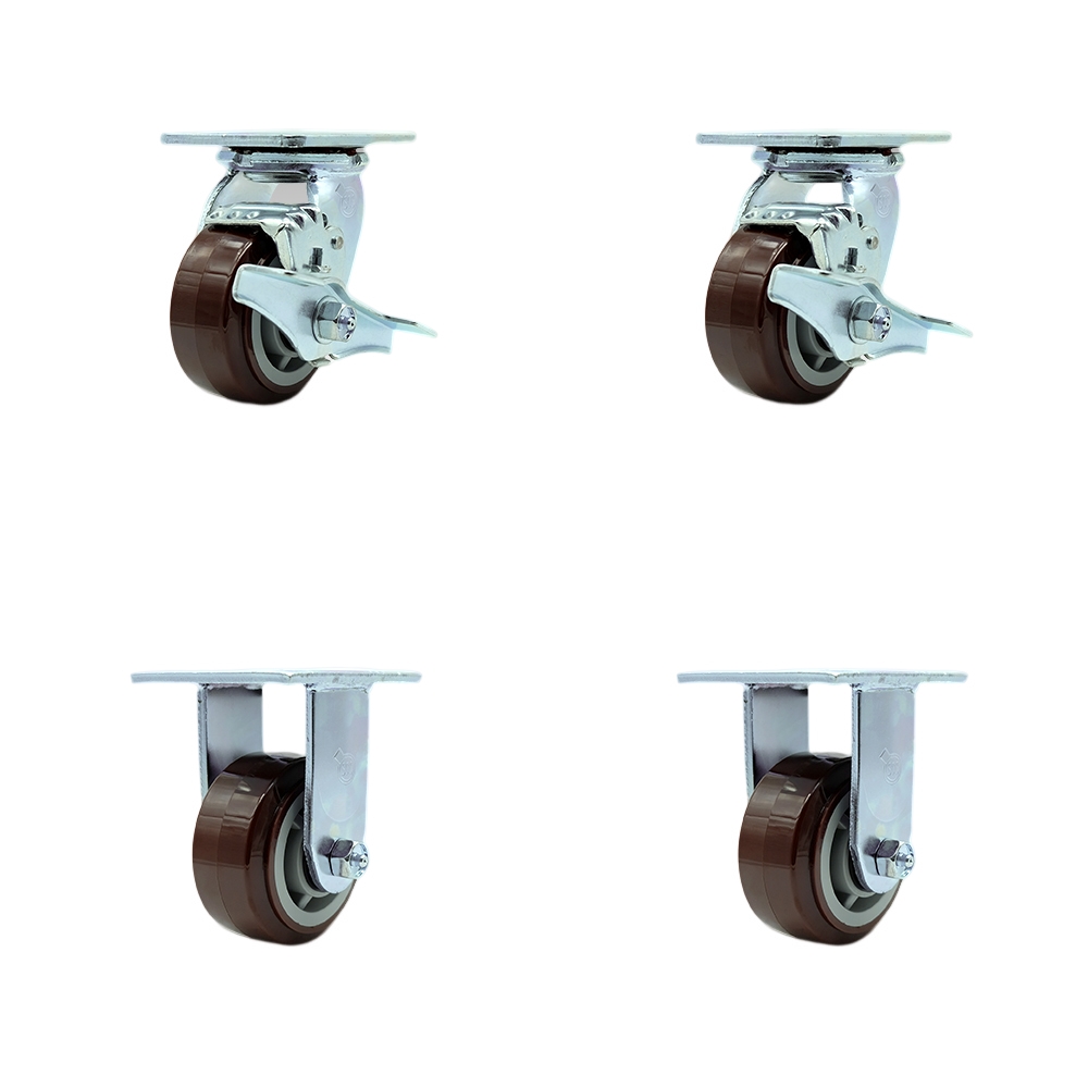 Stainless Steel Heavy Duty Swivel Caster Set of 4 with 4 Inch Polyurethane Wheels and Delrin Bearings - Includes 2 Swivel with Brakes and 2 Rigid - 2,400 lbs. Total Capacity - Service Caster Brand — photo 1