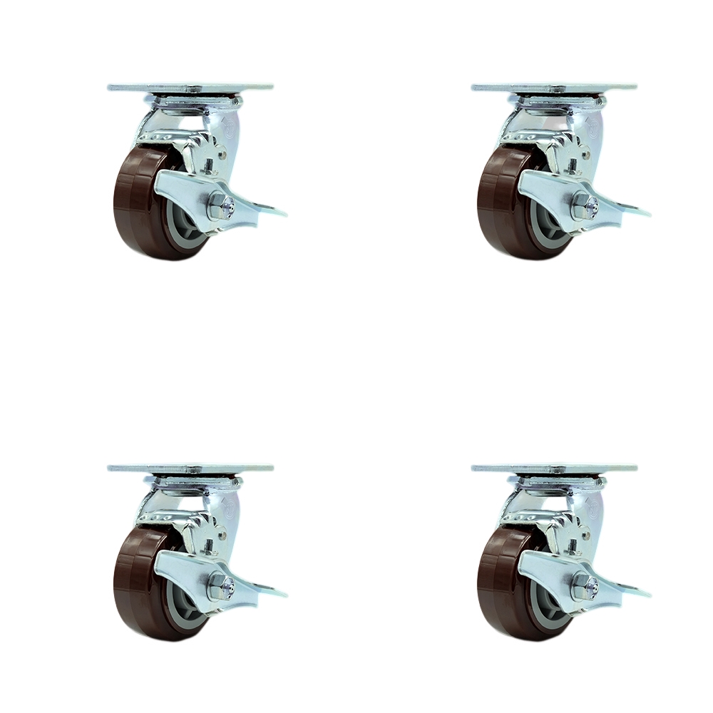 Stainless Steel Polyurethane Swivel Top Plate Casters Set of 4 Heavy Duty with 4 Inch Wheels - Includes 4 Swivel with Top Lock Brakes – 2,400 lbs. Total Capacity - Service Caster Brand — photo 1
