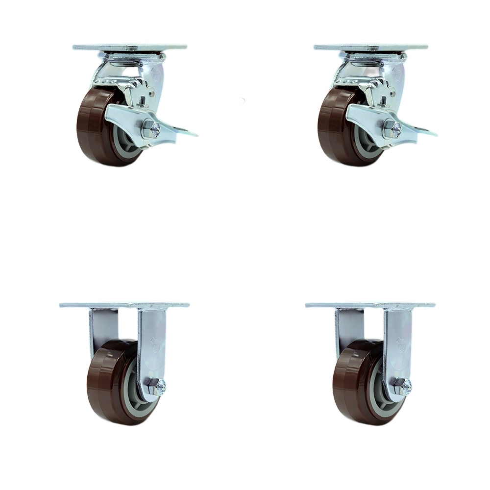 Stainless Steel Heavy Duty Swivel Caster Set with 4 Inch Polyurethane Wheels and Delrin Bearings - Includes 2 Swivel with Brakes and Bolt on Swivel Locks and 2 Rigid - Service Caster Brand — photo 1
