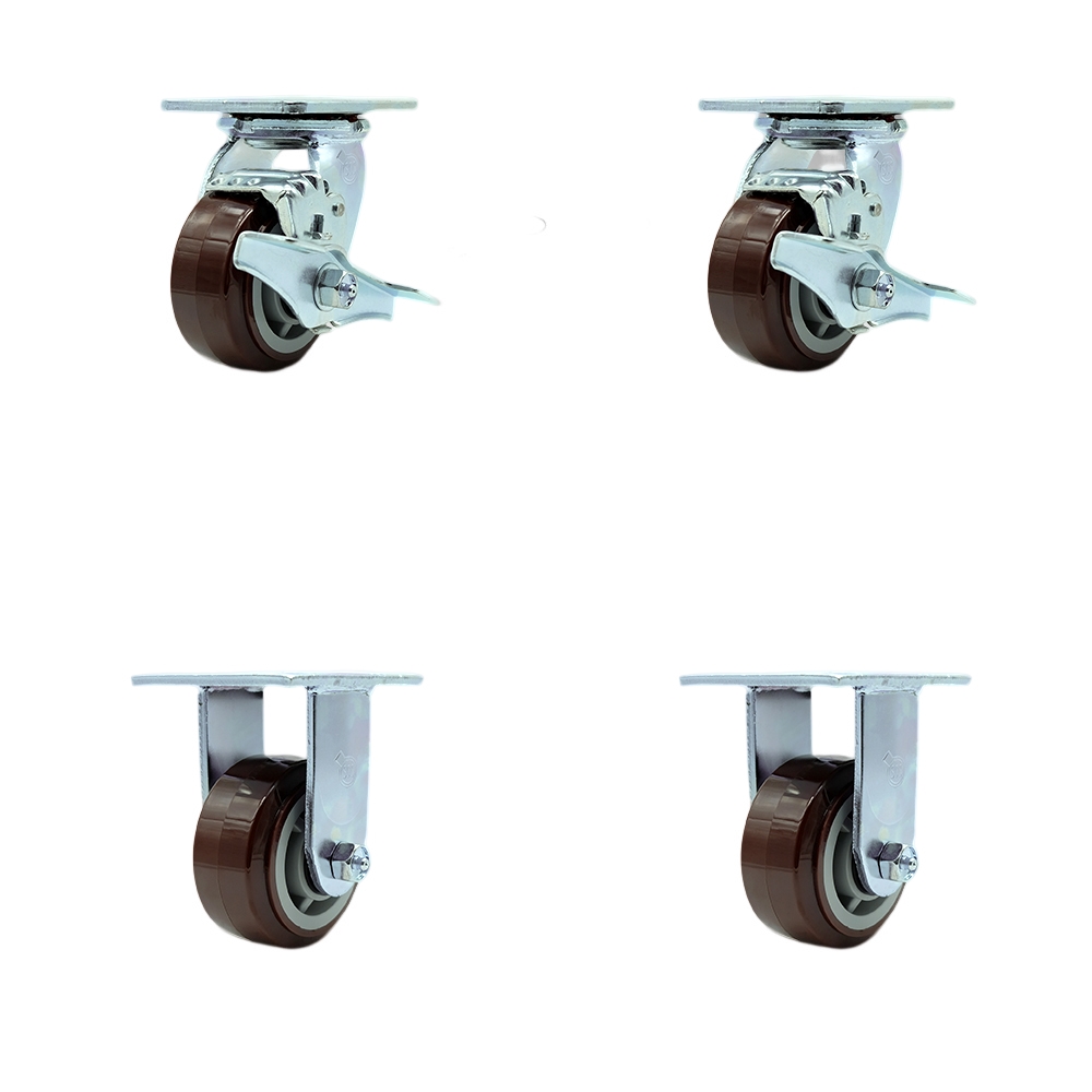 Stainless Steel Heavy Duty Swivel Caster Set of 4 with 4 Inch Polyurethane Wheels and Ball Bearings -Includes 2 Swivel with Brakes and Bolt on Swivel Locks and 2 Rigid - Service Caster Brand — photo 1