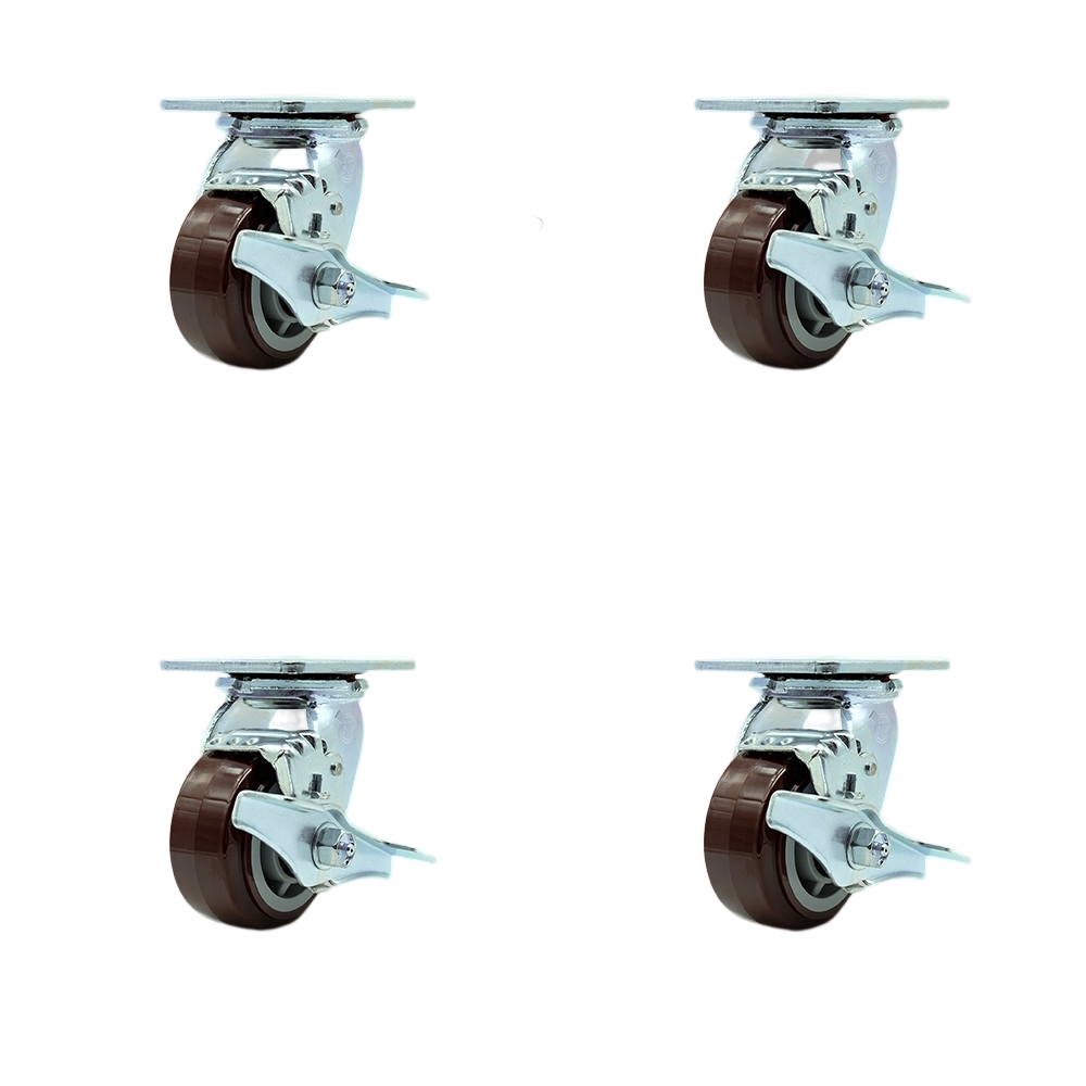 Stainless Steel Heavy Duty Swivel Caster Set with 4 Inch Polyurethane Wheels and Delrin Bearings - Includes 2 Swivel with Brakes and Bolt on Swivel Locks and 2 Swivel with Brakes- Service Caster Brand — photo 1