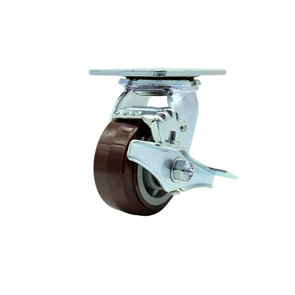 Stainless Steel Heavy Duty Swivel Top Plate Caster with Top Lock Brake and 4 Inch Polyurethane Wheel with Delrin Bearings - 600 lbs. Capacity/Caster - Service Caster Brand — photo 1